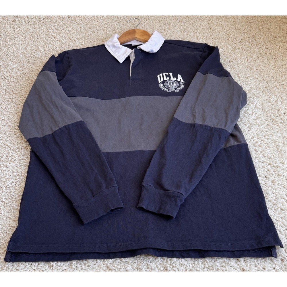UCLA Rugby Shirt Men Medium Navy Blue Grey Long Sleeve Colorblock Collegiate